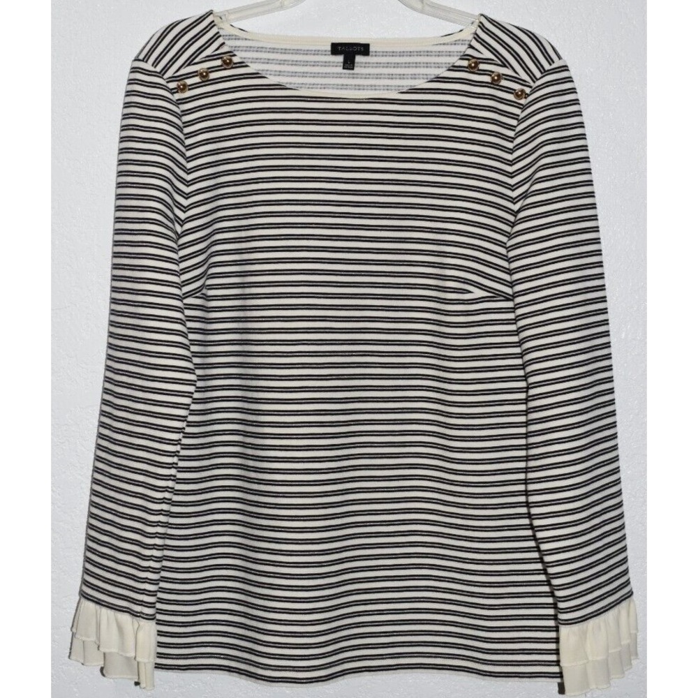 Talbots Large Ruffle Sleeve Top Comfortable Stretch Tiny Stripes Button Detail